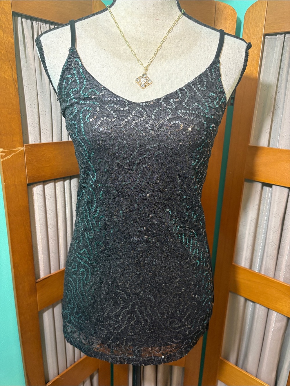Vanity brand Vintage Black and Silver Sequin Lace Cami